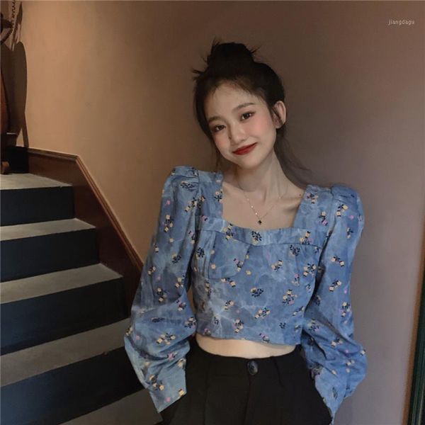women's blouses & shirts spring square neck puff sleeve short denim floral shirt women, White
women's blouses & shirts spring square neck puff sleeve short denim floral shirt women, White