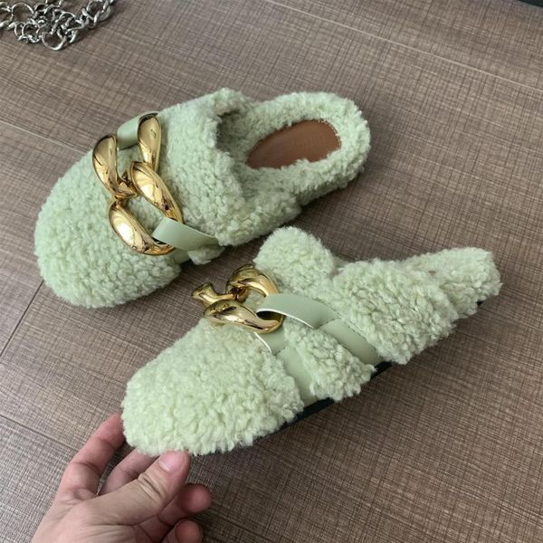 winter women slippers fashion big gold chain slip on mules shoes warm lambswool flat heel casual female slides, Black 
winter women slippers fashion big gold chain slip on mules shoes warm lambswool flat heel casual female slides, Black