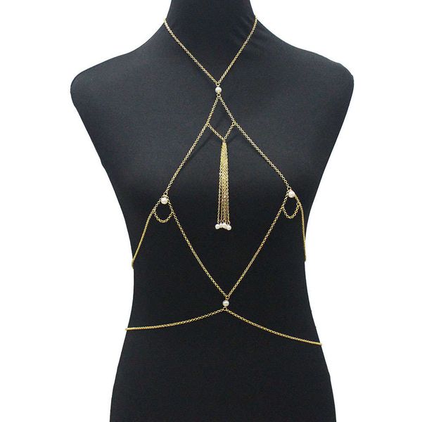 body chain design metal tassel chest women's beach bikini pearl body chain necklace, Silver
body chain design metal tassel chest women's beach bikini pearl body chain necklace, Silver