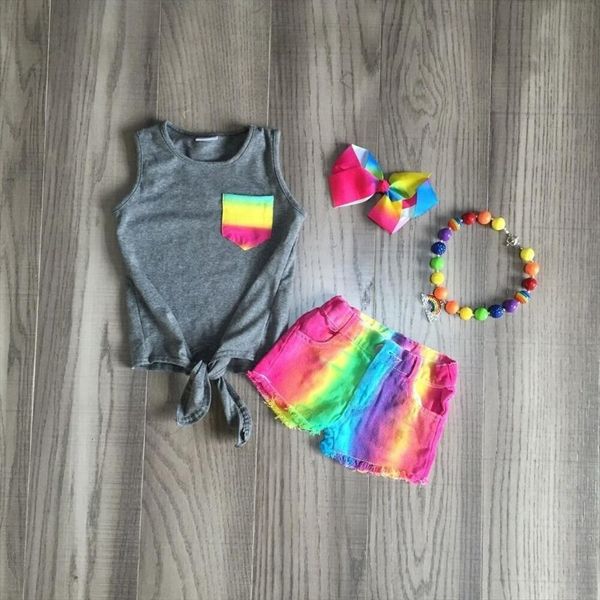summer baby girls red tank rainbow denim shorts kids jeans set, White 
summer baby girls red tank rainbow denim shorts kids jeans set, White