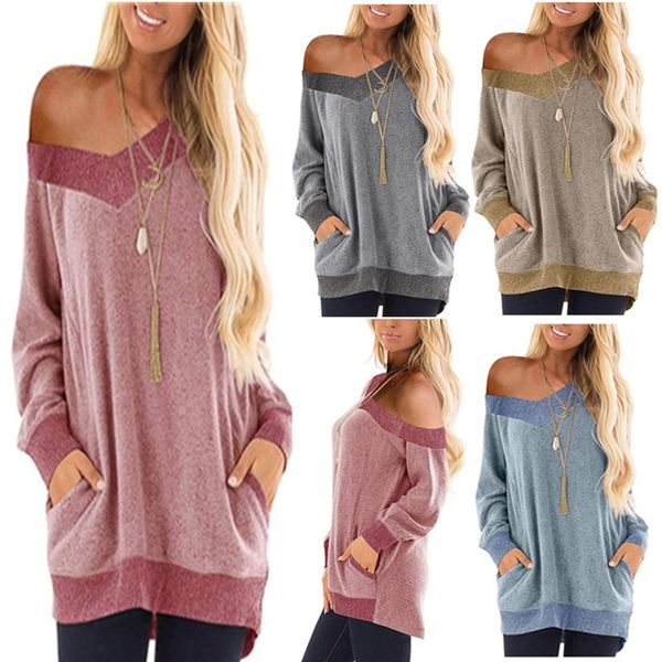 2020 women's color block sweatshirt long sleeve v-neck pocket t-shirt top, White
2020 women's color block sweatshirt long sleeve v-neck pocket t-shirt top, White