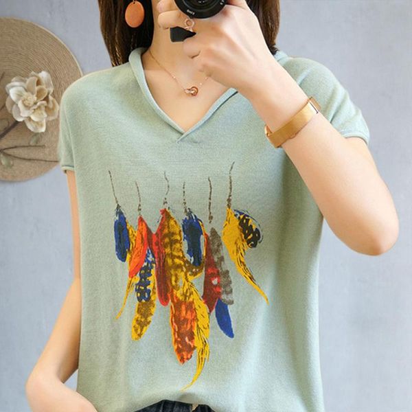 women's t-shirt 2021 summer cotton printed knitted women loose thin short-sleeved wild v-neck sweater pullover, White
women's t-shirt 2021 summer cotton printed knitted women loose thin short-sleeved wild v-neck sweater pullover, White