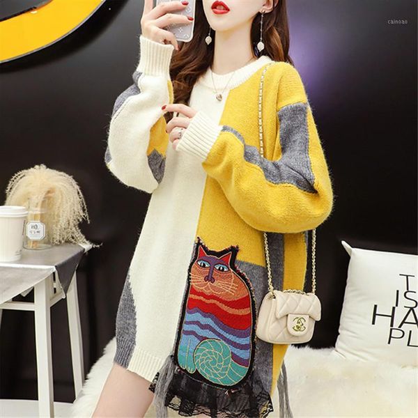 women's sweaters lazy cartoon pullover sweater woman 2021 autumn winter fashion all-match loose thicken splicing knitting female a327, White;black
women's sweaters lazy cartoon pullover sweater woman 2021 autumn winter fashion all-match loose thicken splicing knitting female a327, White;black