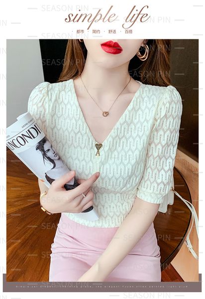 women's t-shir tees gauze lace short-sleeved v-neck short t-shirt8029, White 
women's t-shir tees gauze lace short-sleeved v-neck short t-shirt8029, White
