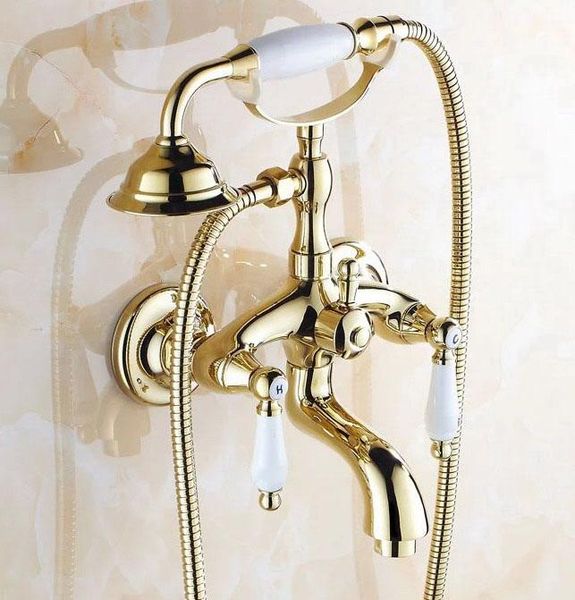 luxury golden brass double handles clawfoot bathroom tub faucet w/ telephone style handshower - wall mount atf084 shower sets
luxury golden brass double handles clawfoot bathroom tub faucet w/ telephone style handshower - wall mount atf084 shower sets