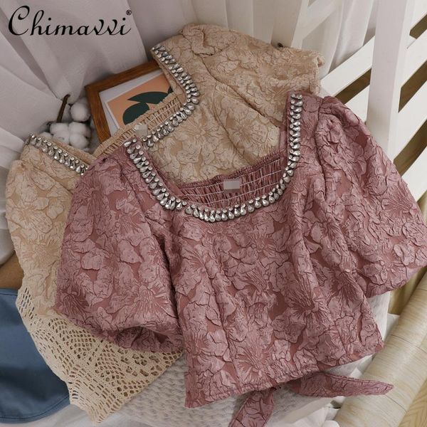 women's blouses & shirts summer back bow diamond stitching short puff sleeve shirt square collar solid color for women, White
women's blouses & shirts summer back bow diamond stitching short puff sleeve shirt square collar solid color for women, White