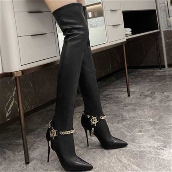 boots genuine leather stretch pointed toe over knee high heel long metal decor design fashion women shoes, Black
boots genuine leather stretch pointed toe over knee high heel long metal decor design fashion women shoes, Black