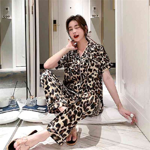est silk pajamas for women sweet leopard pyjamas woman elegant short sleeve long pant homewear ladies sleepwear sets 210713, Black;red
est silk pajamas for women sweet leopard pyjamas woman elegant short sleeve long pant homewear ladies sleepwear sets 210713, Black;red