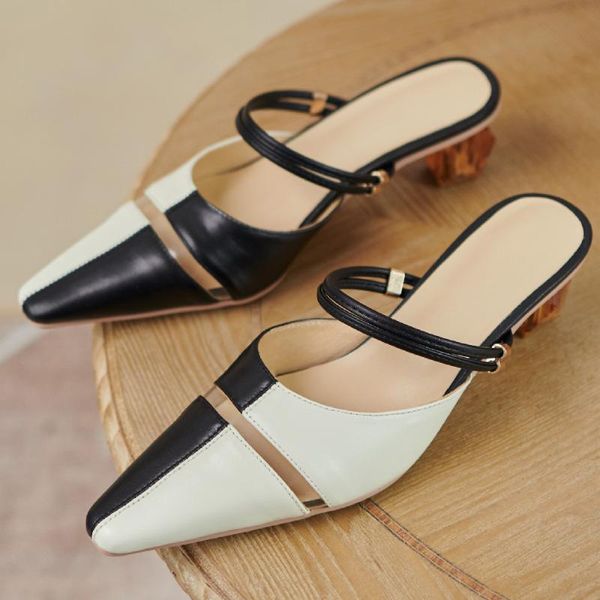 women's genuine leather thick high heel mix color patchwork slip-on pumps summer hollow-out mules slides casual daily sandals, Black
women's genuine leather thick high heel mix color patchwork slip-on pumps summer hollow-out mules slides casual daily sandals, Black