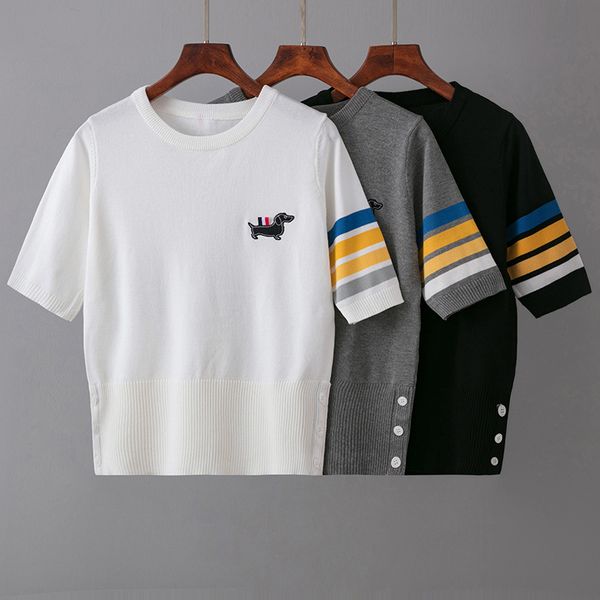 t shirt summer tb four bar stripe contrast college dog patch round neck short sleeve women, White
t shirt summer tb four bar stripe contrast college dog patch round neck short sleeve women, White