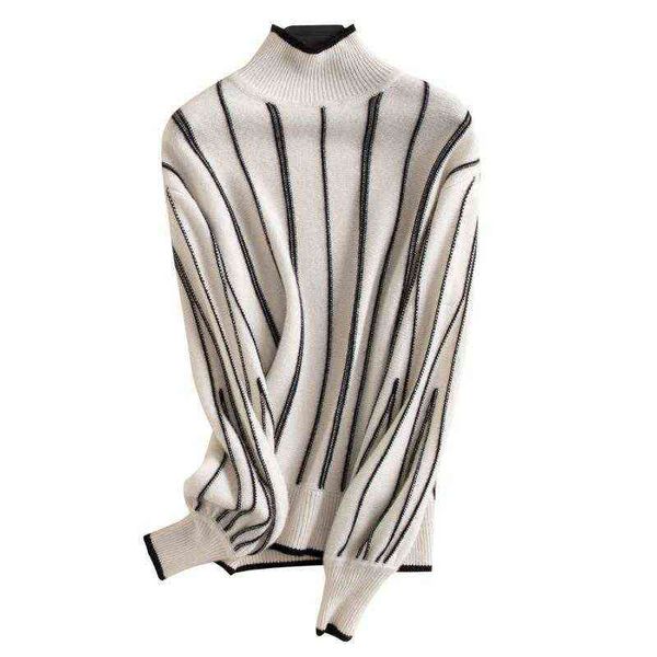 vertical stripe semi high neck sweater women's loose contrast color knitted bottomed temperament fashion short cashmere, White;black
vertical stripe semi high neck sweater women's loose contrast color knitted bottomed temperament fashion short cashmere, White;black