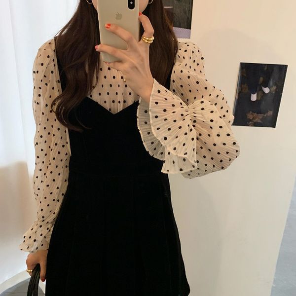 dresses women french retro es dot shirt ball gown vest- veet pleated gentle elegant chic female fashion, Black;gray 
dresses women french retro es dot shirt ball gown vest- veet pleated gentle elegant chic female fashion, Black;gray