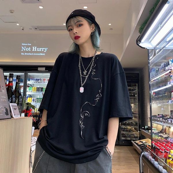 women's t-shirt half sleeve for versatile harajuku style dark black summer korean loose mesh red embroidered short, White
women's t-shirt half sleeve for versatile harajuku style dark black summer korean loose mesh red embroidered short, White