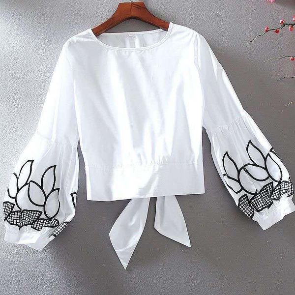 solid embroidery lantern long sleeve blouse back bow lace-up women short shirts o-neck pullover black white women's blouses &
solid embroidery lantern long sleeve blouse back bow lace-up women short shirts o-neck pullover black white women's blouses &