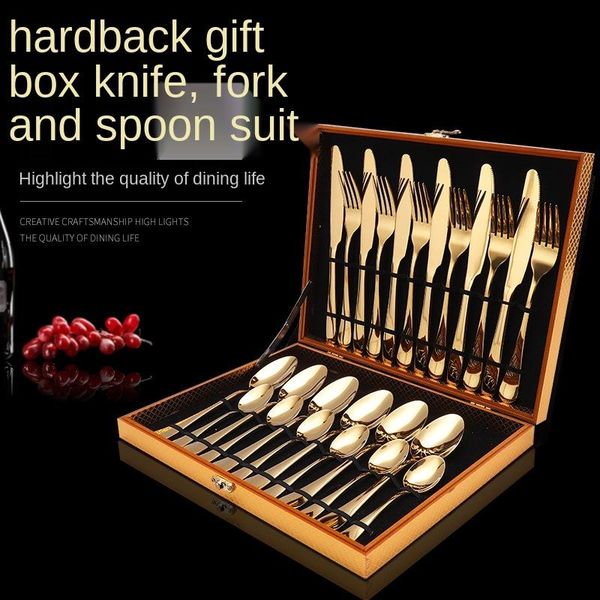 western tableware stainless steel knife, fork and spoon 24 piece gift golden wooden box set european dinnerware sets
western tableware stainless steel knife, fork and spoon 24 piece gift golden wooden box set european dinnerware sets