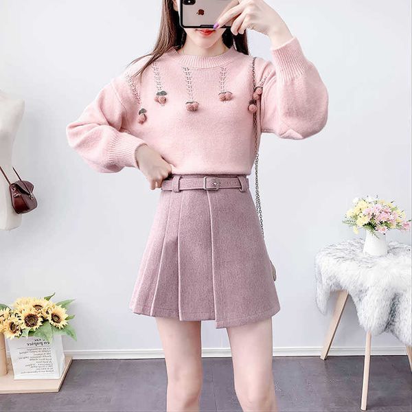 cherry pullower sweater and belt waist pleated woolen skirts suit elegant women's 2 piece skirt set 210529, White
cherry pullower sweater and belt waist pleated woolen skirts suit elegant women's 2 piece skirt set 210529, White