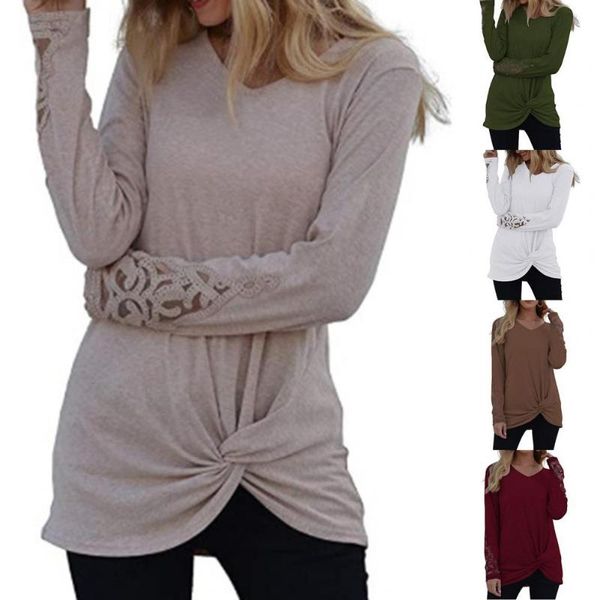 women's t-shirt women autumn lace patchwork long sleeve v neck tunic twist knot hem blouse clothes streetwear, White
women's t-shirt women autumn lace patchwork long sleeve v neck tunic twist knot hem blouse clothes streetwear, White