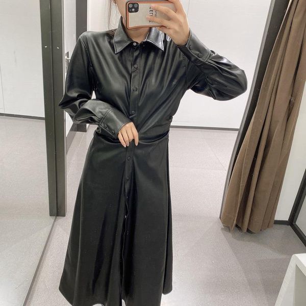 faux leather dress women spring autumn fashion long sleeve lapel pleated single-breasted mid-calf lugentolo casual dresses, Black;gray
faux leather dress women spring autumn fashion long sleeve lapel pleated single-breasted mid-calf lugentolo casual dresses, Black;gray