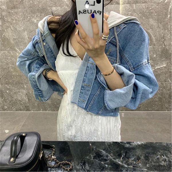 women's short denim jackets fall retro washed fake two-piece sweater hooded frayed loose cropped jean females top, Black;brown
women's short denim jackets fall retro washed fake two-piece sweater hooded frayed loose cropped jean females top, Black;brown