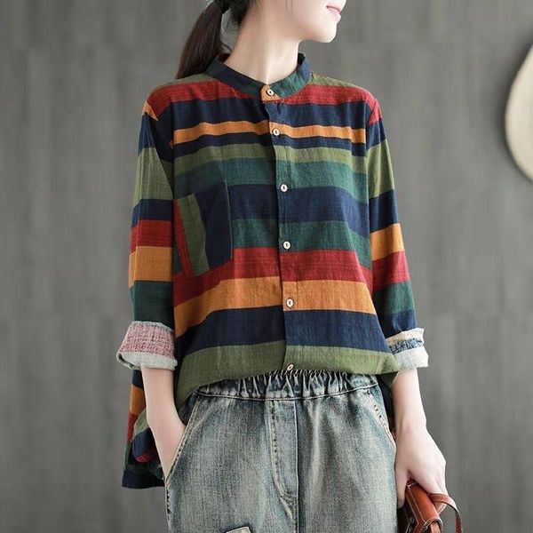 women's blouses & shirts women striped casual cotton linen 2021 autumn sweet stand long sleeve button ft434, White
women's blouses & shirts women striped casual cotton linen 2021 autumn sweet stand long sleeve button ft434, White