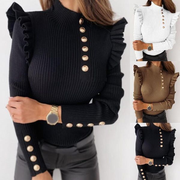 women's sweaters 2021 fashion autumn winter women sweater long sleeve rib turtleneck buttons ruffle cotton blouse female outdoor workin, White;black
women's sweaters 2021 fashion autumn winter women sweater long sleeve rib turtleneck buttons ruffle cotton blouse female outdoor workin, White;black
