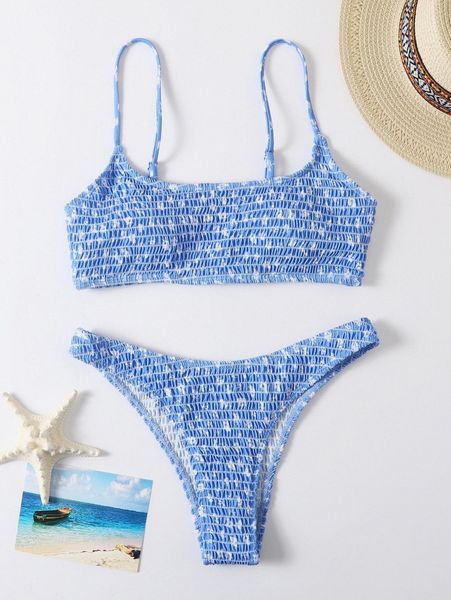 ditsy floral smocked high cut bikini swimsuit 72dp#, White;black