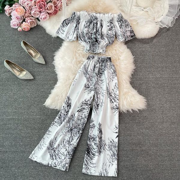 women's two piece pants black/white/blue ink printed set women slash neck short + high waist wide leg female suits summer 2021
women's two piece pants black/white/blue ink printed set women slash neck short + high waist wide leg female suits summer 2021