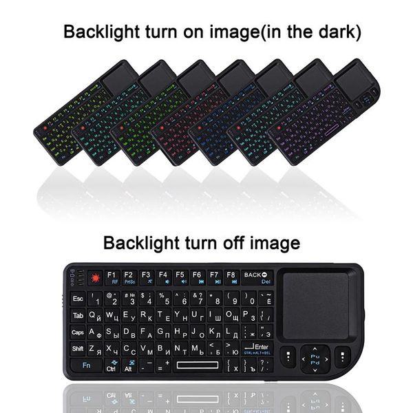 keyboards 7 color backlit 2.4g rf wireless keyboard with touchpad russian english spanish mini handheld mouse for pc smart tv box
keyboards 7 color backlit 2.4g rf wireless keyboard with touchpad russian english spanish mini handheld mouse for pc smart tv box