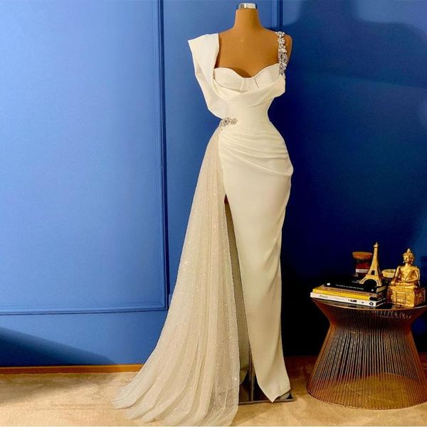 party dresses elegant split white evening 2021 long mermaid gowns with tulle wrap train crystal formal real image, White;black
party dresses elegant split white evening 2021 long mermaid gowns with tulle wrap train crystal formal real image, White;black