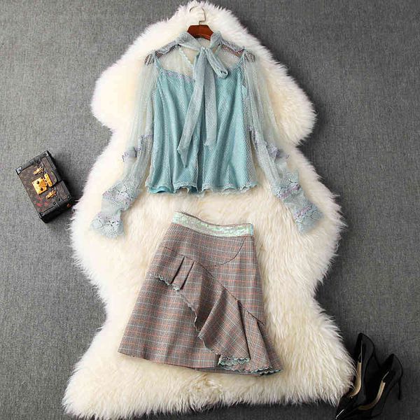 European and American women's clothing summer style Long-sleeved bow-neck shirt Sequined plaid skirt Fashion suit, White
European and American women's clothing summer style Long-sleeved bow-neck shirt Sequined plaid skirt Fashion suit, White