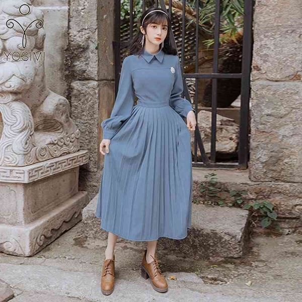yosimi spring chiffon women dress vintage full sleeve mid-calf female vestidos pleated es blue turn-down collar 210604, Black;gray
yosimi spring chiffon women dress vintage full sleeve mid-calf female vestidos pleated es blue turn-down collar 210604, Black;gray