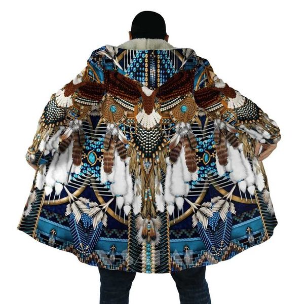 men's wool & blends native totem feather eagle skull all over 3d printed thick warm hooded cloak for men windproof fleece casual-40, Black