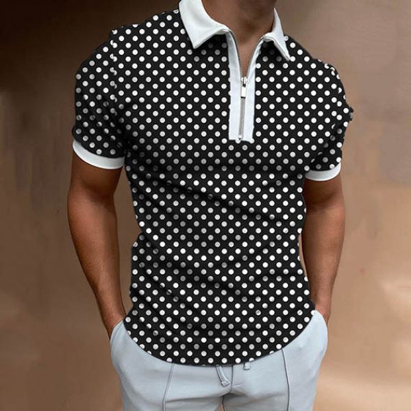 white dot pattern men's zipper polo shirt, comfortable, breathable, fashionable and cool, daily business trip, work party, White;black
white dot pattern men's zipper polo shirt, comfortable, breathable, fashionable and cool, daily business trip, work party, White;black