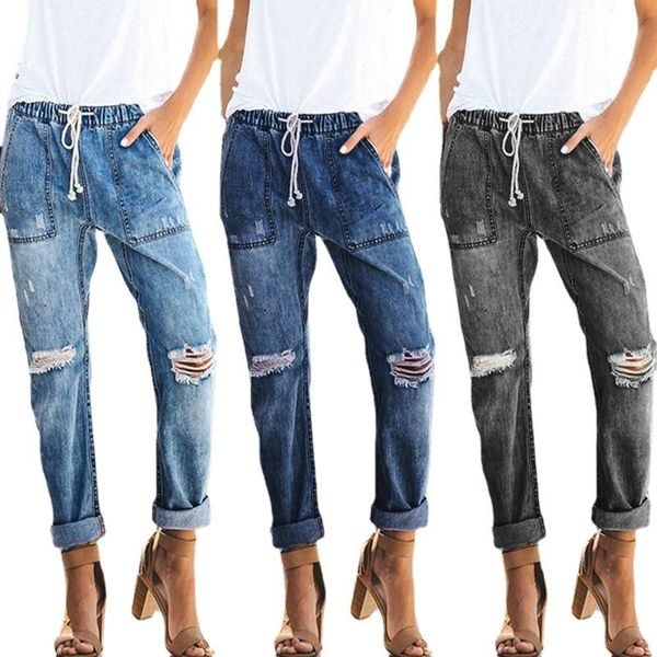 women's jeans denim pants for women clothing with elastic waist drawstring ripped decor trousers temperament straight, Blue
women's jeans denim pants for women clothing with elastic waist drawstring ripped decor trousers temperament straight, Blue