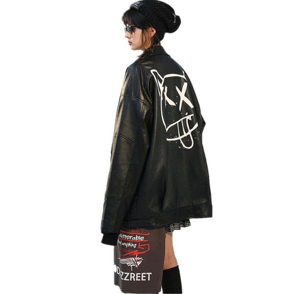 women's leather & faux customized grimace graffiti soft jacket oversized cartoon printed couple female pu f1921, Black
women's leather & faux customized grimace graffiti soft jacket oversized cartoon printed couple female pu f1921, Black