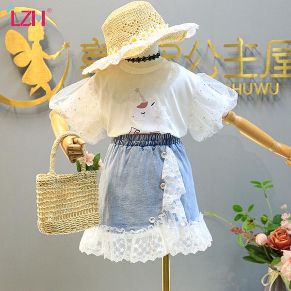 children's clothing summer kids suits short sleeve lace stitching denim skirt sets for girls baby outfit, White
children's clothing summer kids suits short sleeve lace stitching denim skirt sets for girls baby outfit, White