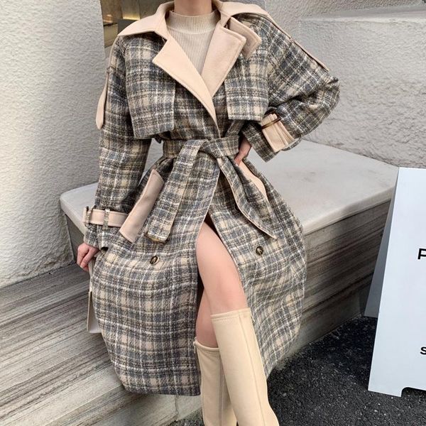 women's wool & blends plaid woolen coat autumn winter with belt long streetwear vintage jacket 2021 sleeve female outerwear, Black
women's wool & blends plaid woolen coat autumn winter with belt long streetwear vintage jacket 2021 sleeve female outerwear, Black
