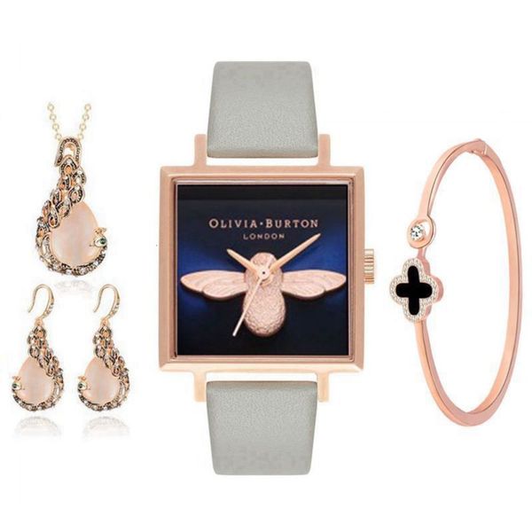 ob new small square women's clover bracelet jewelry necklace watch set steel quartz watch, Black
ob new small square women's clover bracelet jewelry necklace watch set steel quartz watch, Black