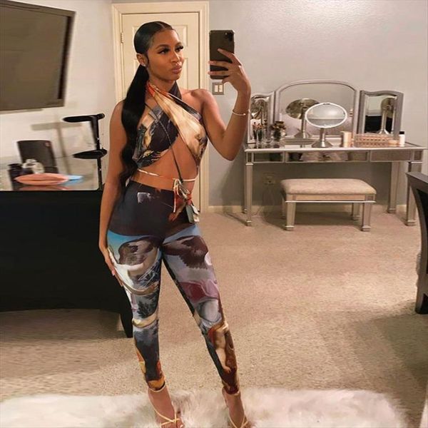 halter bandage pattern print womenpant two piece sets summer sleeveless pants street style slim outfits, White
halter bandage pattern print womenpant two piece sets summer sleeveless pants street style slim outfits, White