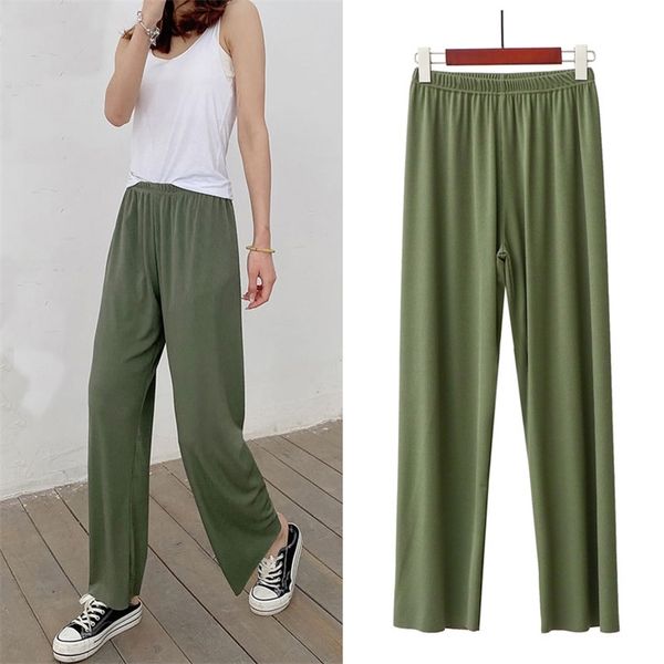 women straight long pants spring summer casual solid ice silk high elastic waisted pant female outwear loose trousers pants 210915, Black;white
women straight long pants spring summer casual solid ice silk high elastic waisted pant female outwear loose trousers pants 210915, Black;white