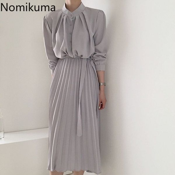 nomikuma elegant long sleeve pleated dress women solid color slim waist stand collar korean dresses fashion vestidos 3c262 210514, Black;gray
nomikuma elegant long sleeve pleated dress women solid color slim waist stand collar korean dresses fashion vestidos 3c262 210514, Black;gray