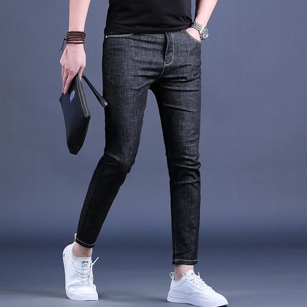 men's jeans summer men ankle-length pants fashion korean style black slim fit lightweight denim trousers, Blue
men's jeans summer men ankle-length pants fashion korean style black slim fit lightweight denim trousers, Blue