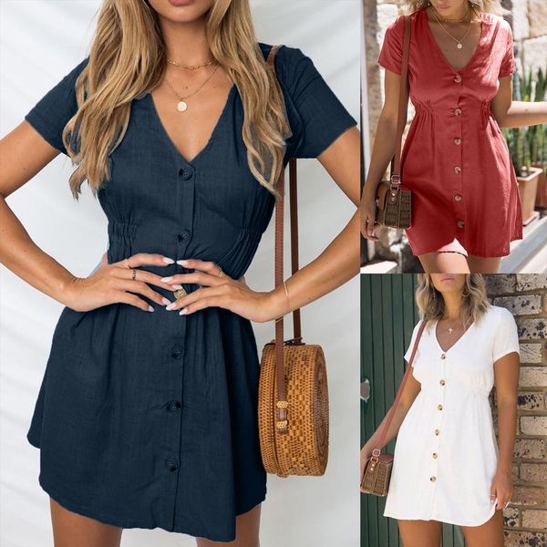 short sleeve v neck women dress buttons solid casual mini summer for vestido de mu, Black;gray
short sleeve v neck women dress buttons solid casual mini summer for vestido de mu, Black;gray