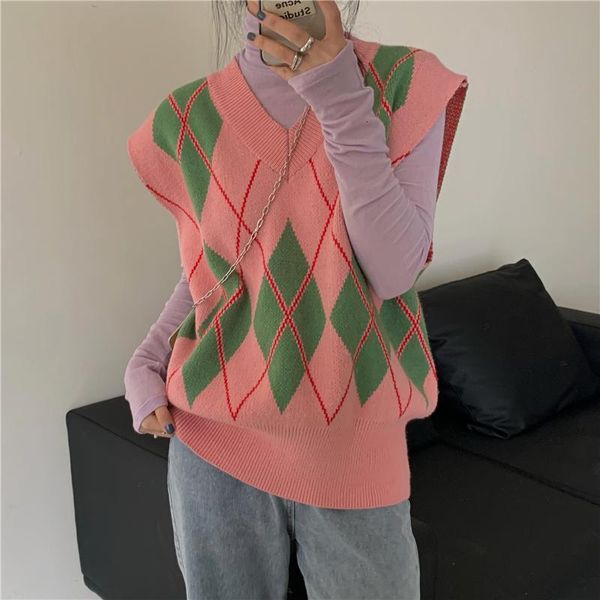 women's sweaters 2021 spring women's sweater chic personality contrast color diamond lattice vest waistcoat v-neck sleeveless sw, White;black 
women's sweaters 2021 spring women's sweater chic personality contrast color diamond lattice vest waistcoat v-neck sleeveless sw, White;black