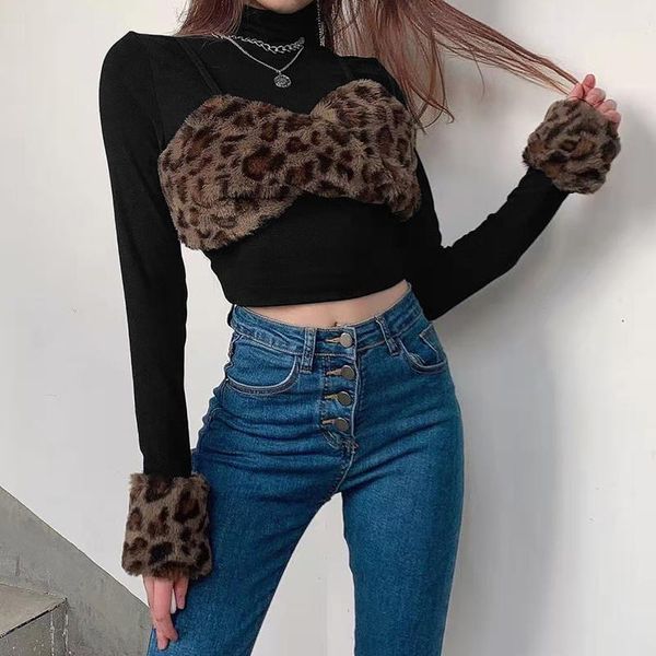 fashion women t shirt casual long sleeve leopard stitching contrast high collar exposed navel clothing streetwear women's t-shirt, White
fashion women t shirt casual long sleeve leopard stitching contrast high collar exposed navel clothing streetwear women's t-shirt, White