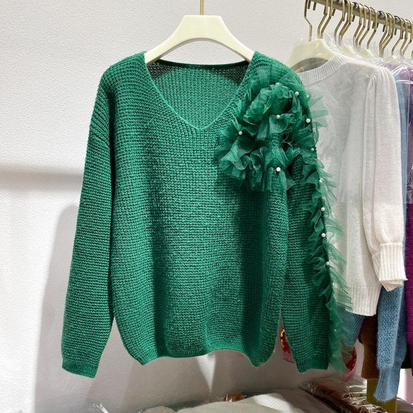 women's sweaters 2021 autumn fashion v-neck mesh stitching pullover sweater ladies versatile solid color loose beaded knitted women, White;black
women's sweaters 2021 autumn fashion v-neck mesh stitching pullover sweater ladies versatile solid color loose beaded knitted women, White;black