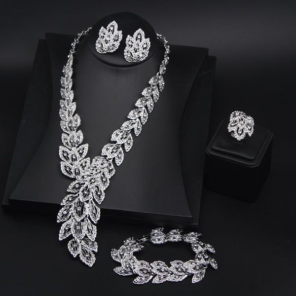 earrings & necklace crystal bridal jewelry sets leaves shape bracelet ring wedding for women, Silver
earrings & necklace crystal bridal jewelry sets leaves shape bracelet ring wedding for women, Silver