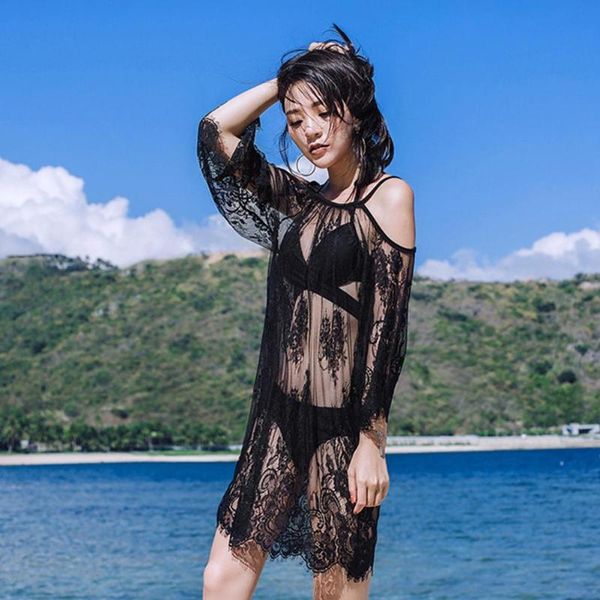 women see through tulle cold shoulder coverup sunscreen dress bikini cover mesh openwork beach blouse skirt women's swimwear, White;black 
women see through tulle cold shoulder coverup sunscreen dress bikini cover mesh openwork beach blouse skirt women's swimwear, White;black