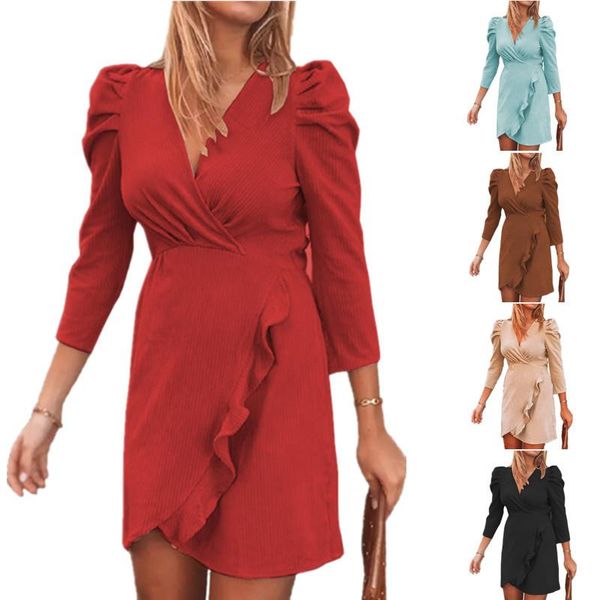casual dresses 2021 autumn and winter european american women's solid color v-neck long-sleeved ruffle dress, Black;gray
casual dresses 2021 autumn and winter european american women's solid color v-neck long-sleeved ruffle dress, Black;gray