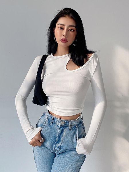 women's t-shirt girl hollowing shoulder women long sleeve round neck short bottoming exposure of navel vogue crop, White
women's t-shirt girl hollowing shoulder women long sleeve round neck short bottoming exposure of navel vogue crop, White